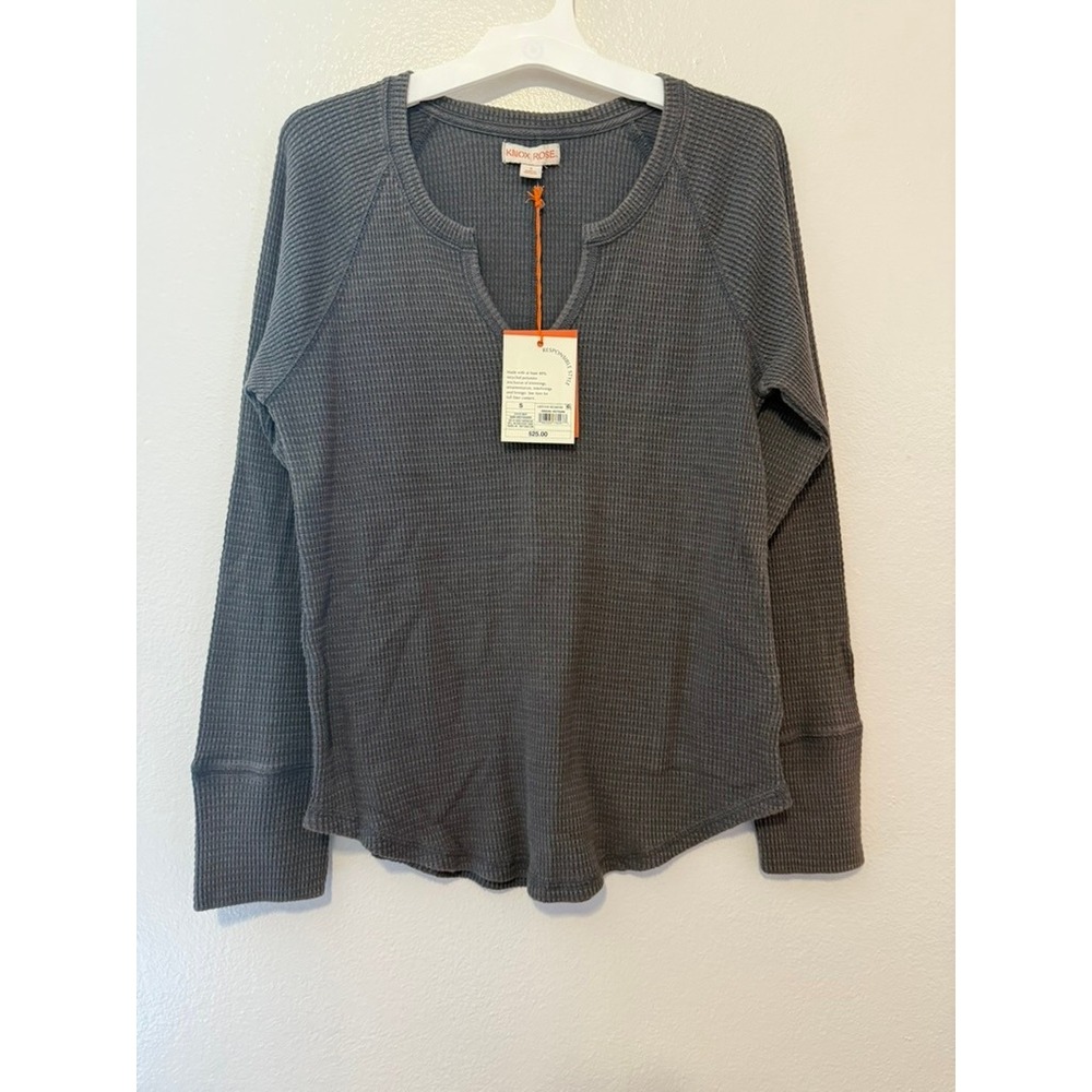 Knox Rose Women Dark Grey Waffle Knit Split Neck Thermal Top S NWT